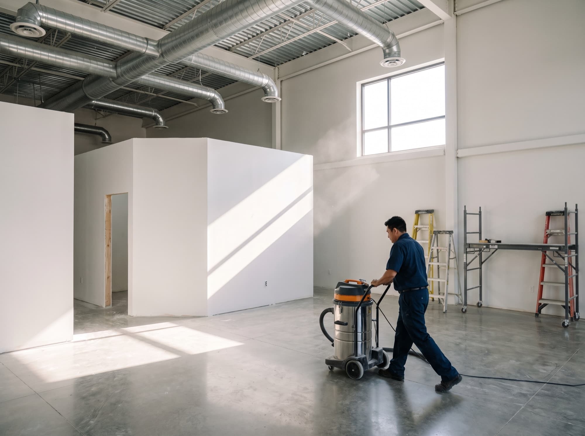 A crew member vacuuming the floor of a finished commercial build out