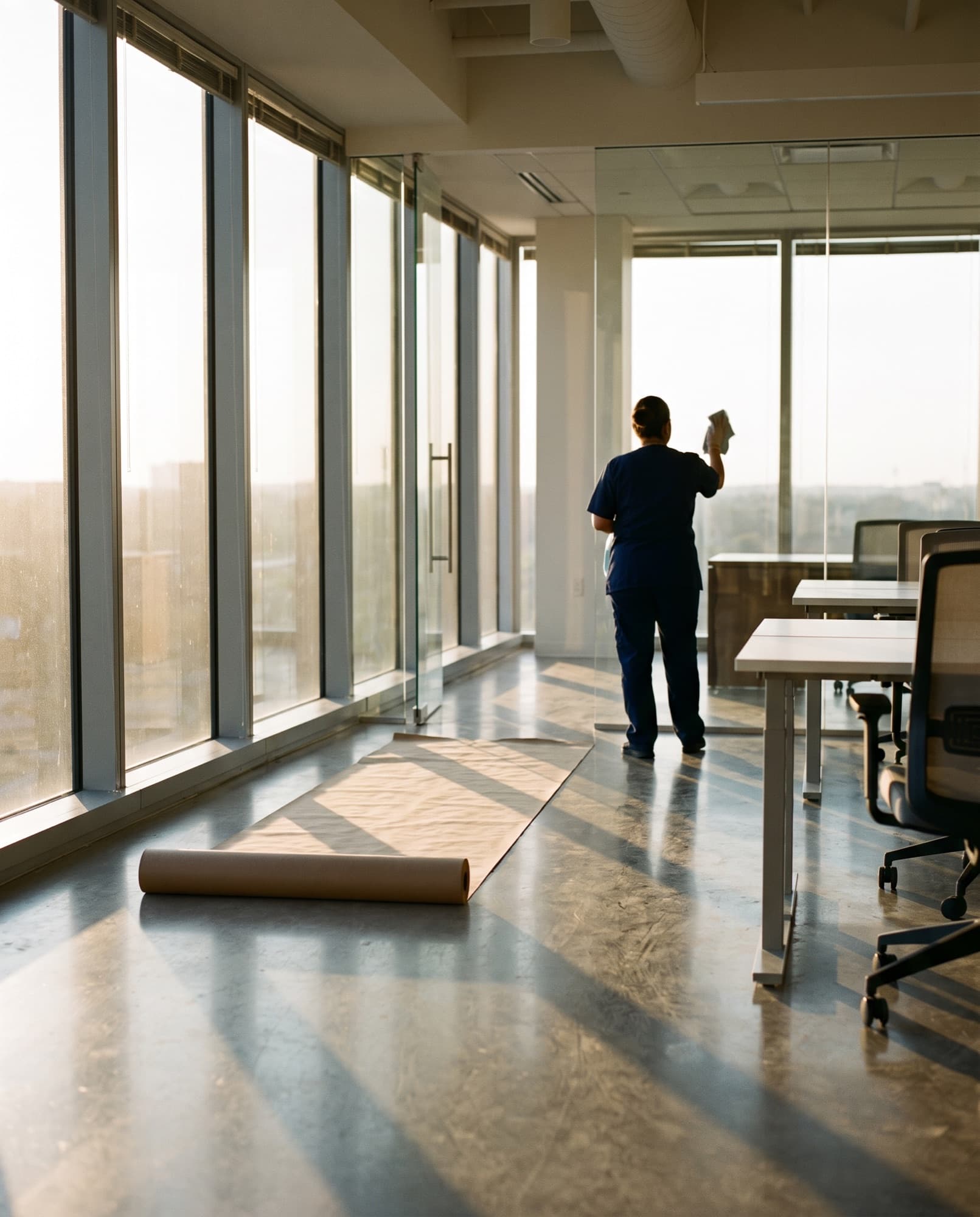 A cleaner wiping a glass wall in a newly built office at sunrise, floor paper still down