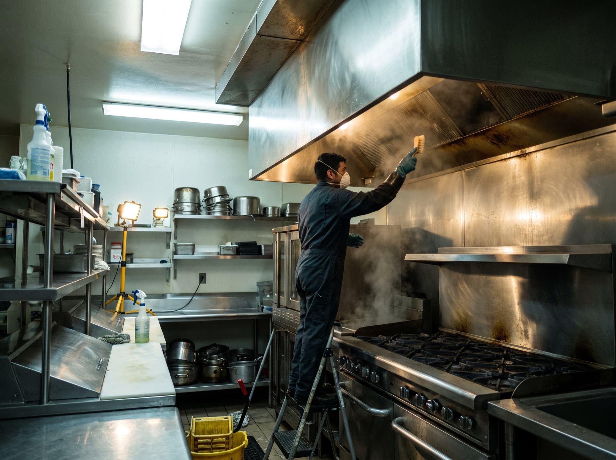 A worker deep cleaning a restaurant range hood after close