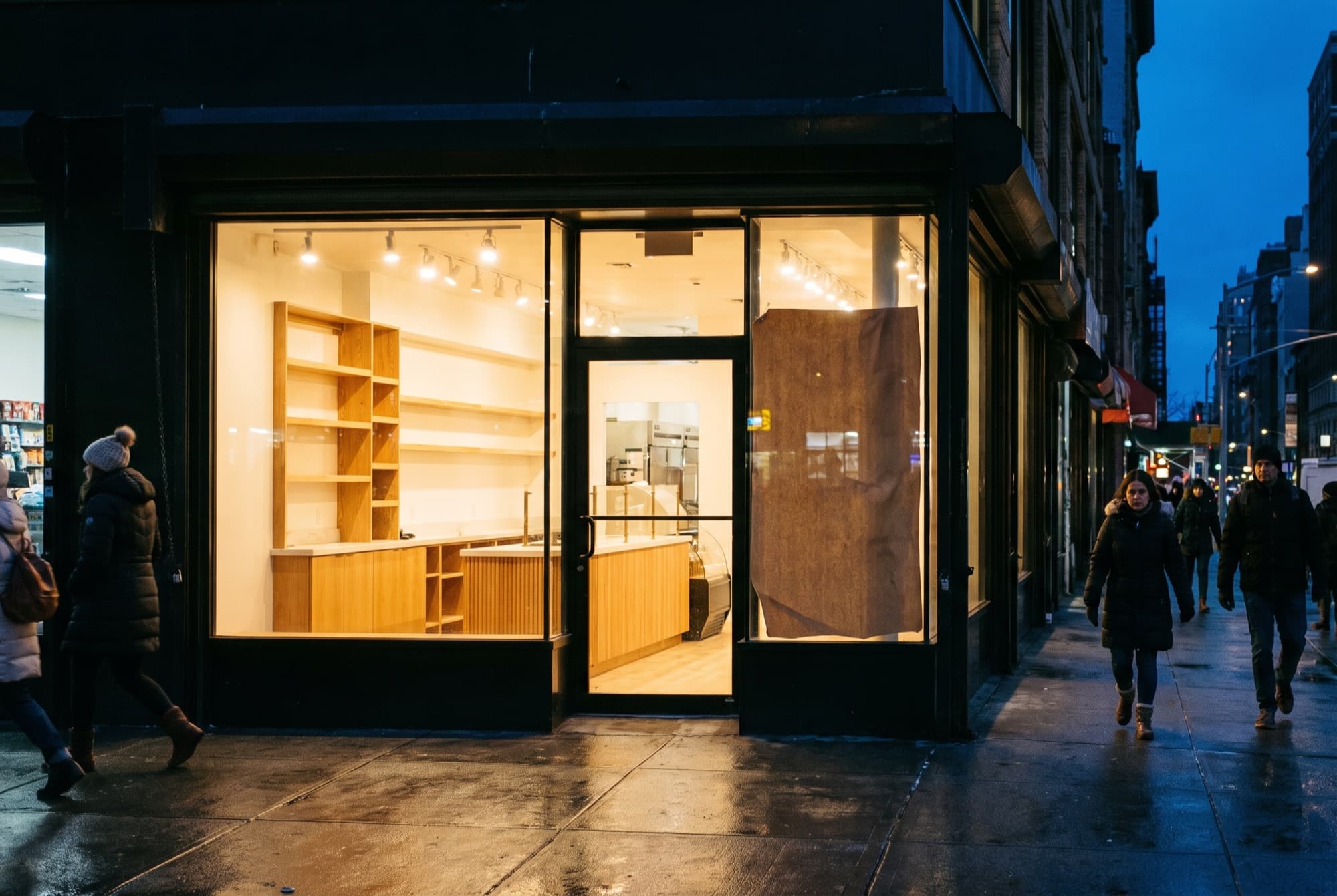 A new storefront at dusk with paper still covering one window